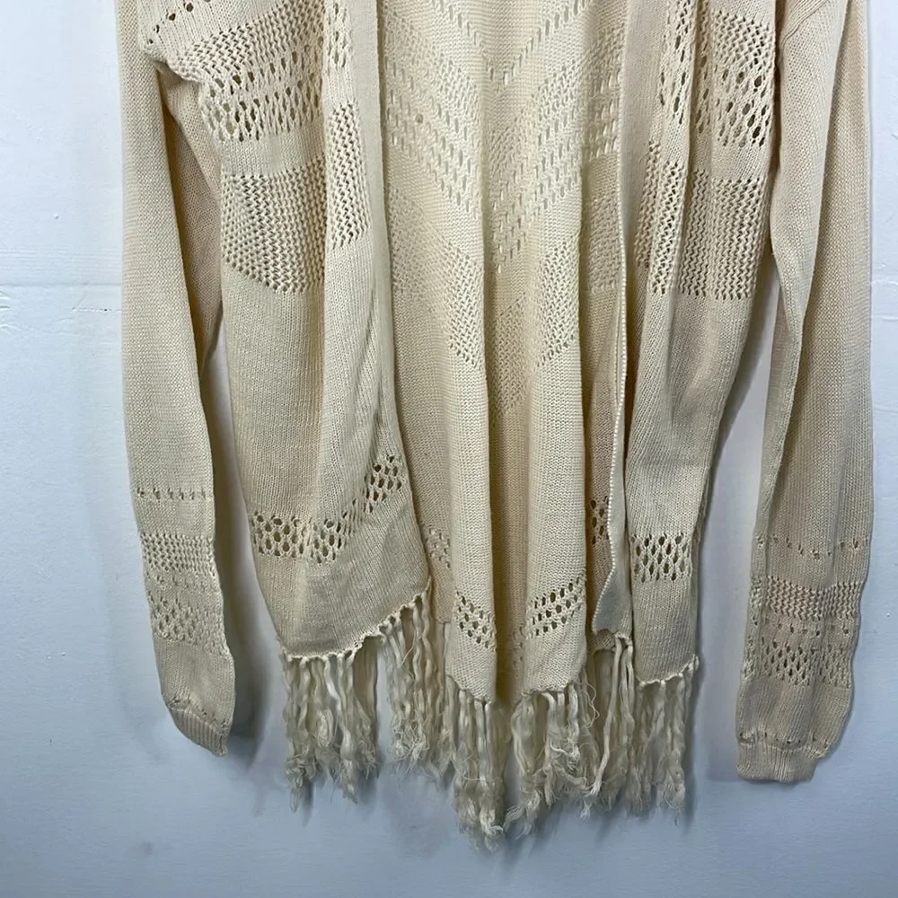 Wild Pearl Open Cardigan with fringe boho cotton crochet design Large cream